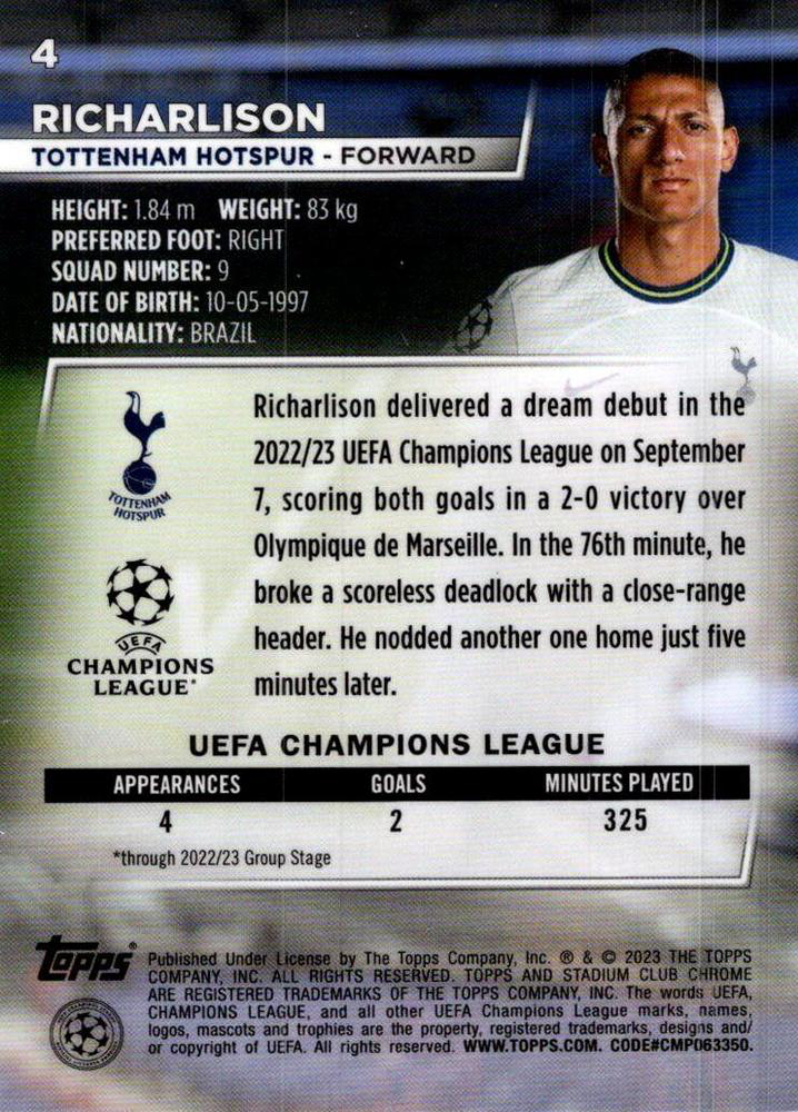2022 Topps Stadium Club Chrome UCC Richarlison #4 Tottenham Hotspur