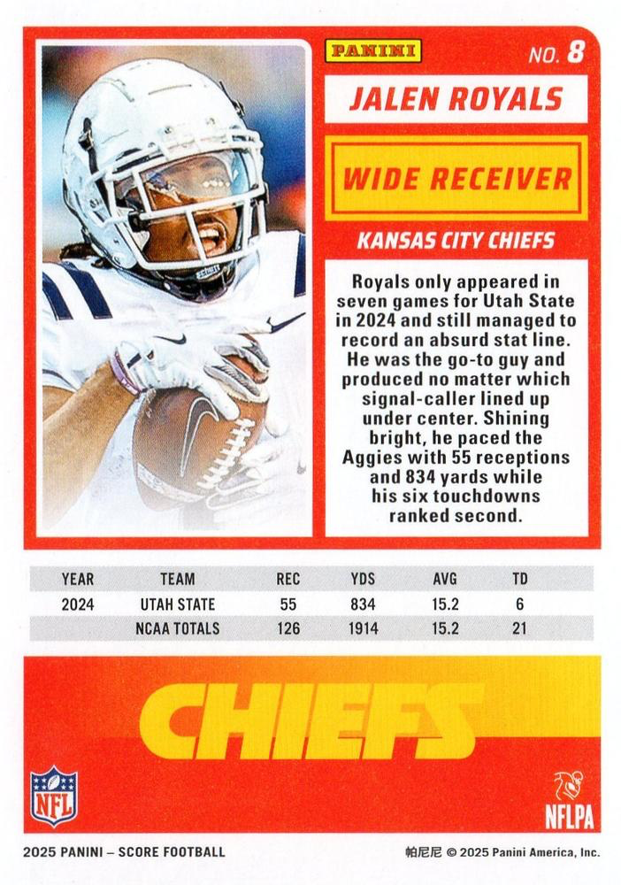 2025 Panini Score Jalen Royals RC #8 Kansas City Chiefs