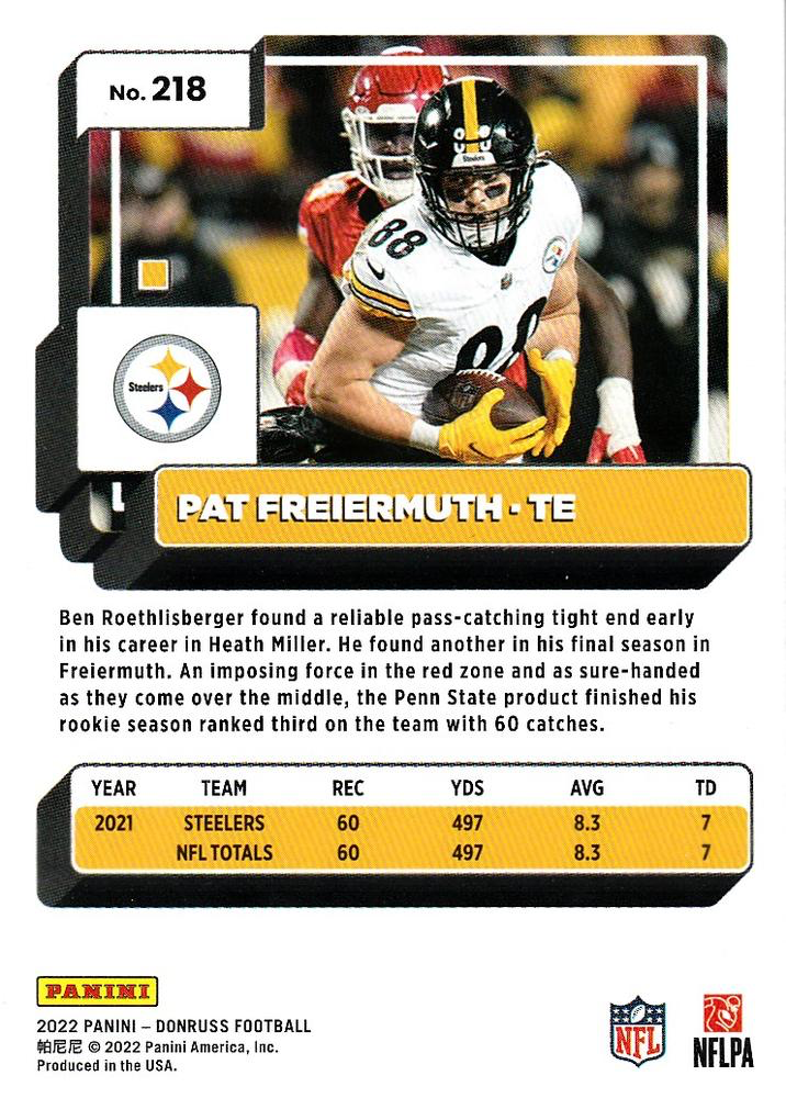 2022 Panini Donruss Pat Freiermuth #218 Pittsburgh Steelers