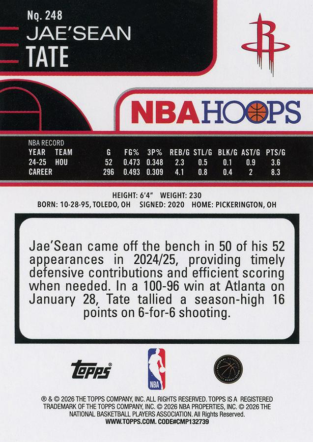 2025 Topps Hoops Jae'Sean Tate #248 Houston Rockets