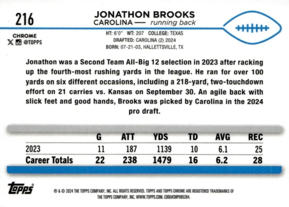 2024 Topps Chrome Football Jonathon Brooks RC #216 Carolina Panthers