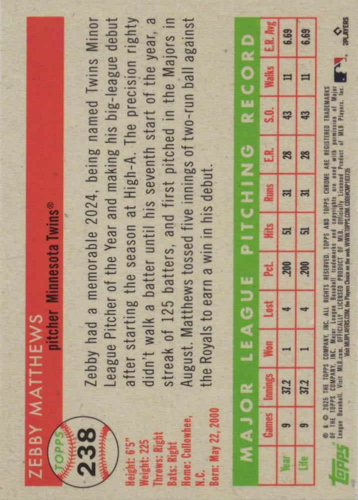 2025 Topps Chrome Platinum RC Zebby Matthews #238 Minnesota Twins