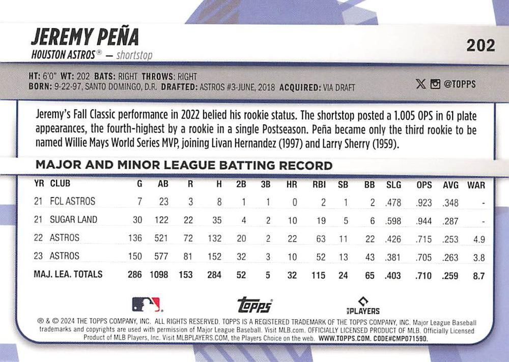 2024 Topps Big League Uncommon Foil Jeremy Peña SP Houston Astros #202