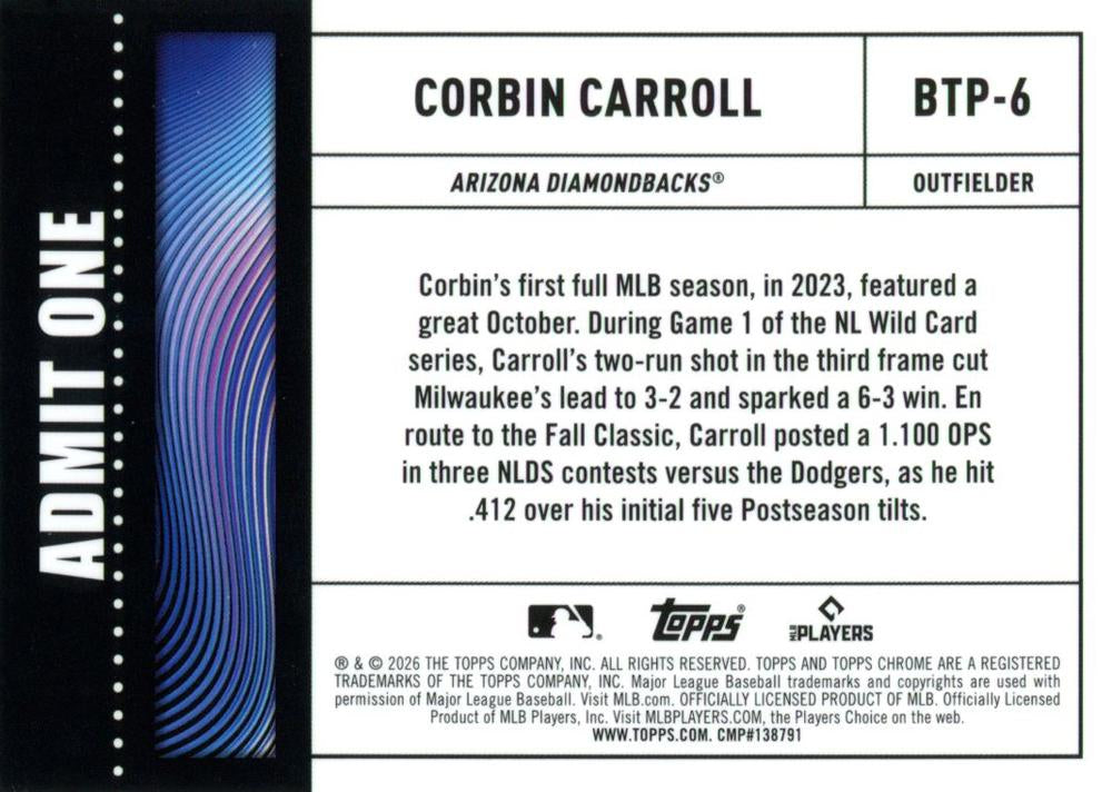 2026 Topps Chrome Big Ticket Players Corbin Carroll #BTP-6 Arizona Diamondbacks