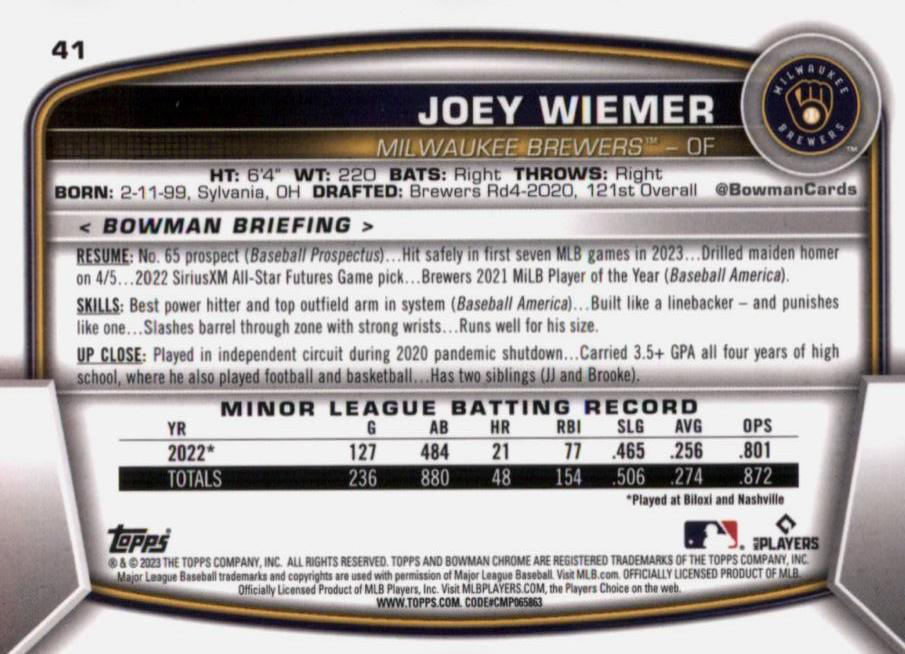 2023 Topps Bowman Chrome Joey Wiemer RC Milwaukee Brewers #41