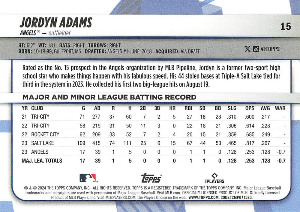 2024 Topps Big League Common Jordyn Adams RC Los Angeles Angels #15