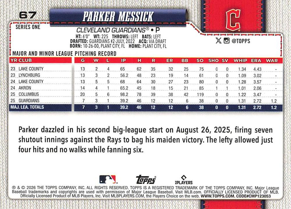 2026 Topps Series 1 Parker Messick RC #67 Cleveland Guardians