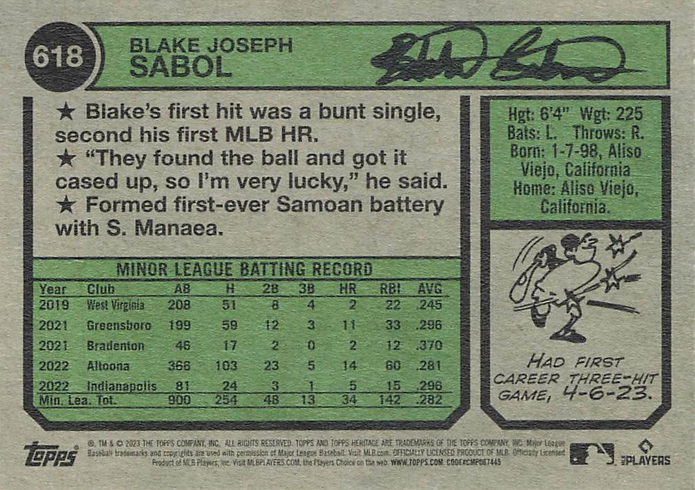 2023 Topps Heritage Blake Sabol RC San Francisco Giants #618