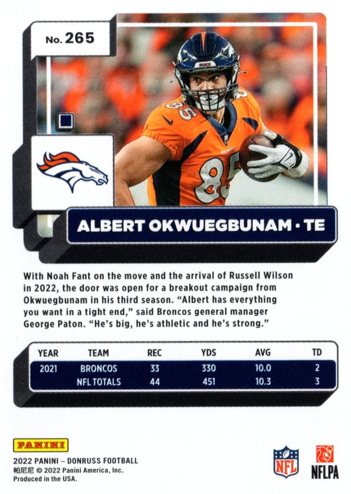 2022 Panini Donruss Albert Okwuegbunam #265 Denver Broncos