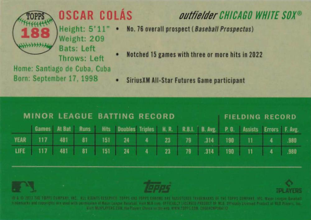 2023 Topps Chrome Platinum Anniversary Oscar Colás RC Chicago White Sox #188