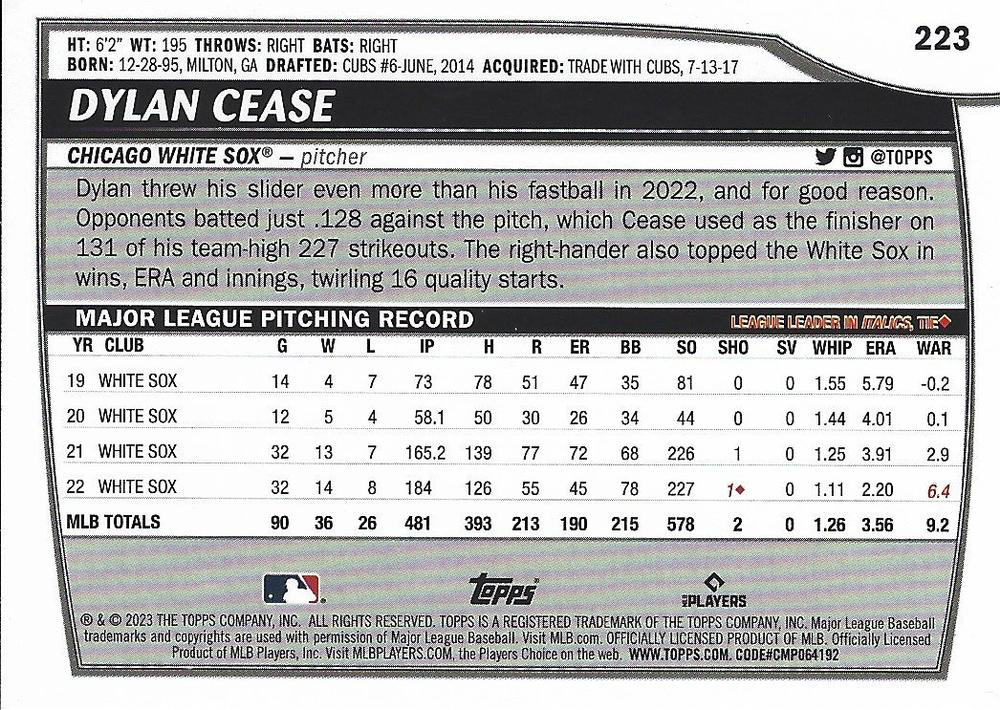 2023 Topps Big League Dylan Cease SP Uncommon Foil #223 Chicago White Sox