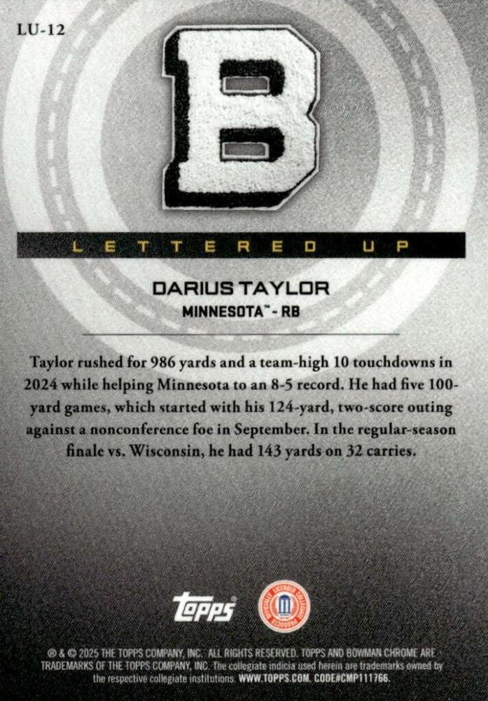 2025 Topps Bowman U Chrome Lettered Up Darius Taylor #LU-12 Minnesota Golden Gophers