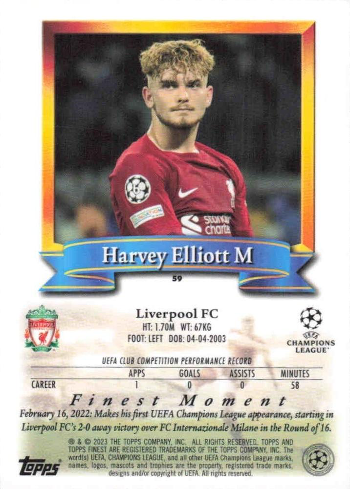 2022 Topps Finest Flashbacks UCC Harvey Elliott #59 Liverpool