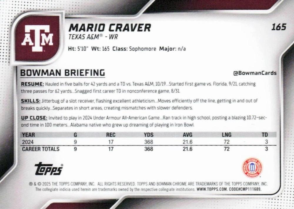 2025 Topps Bowman U Chrome Mario Craver 1st #165 Texas A&M Aggies