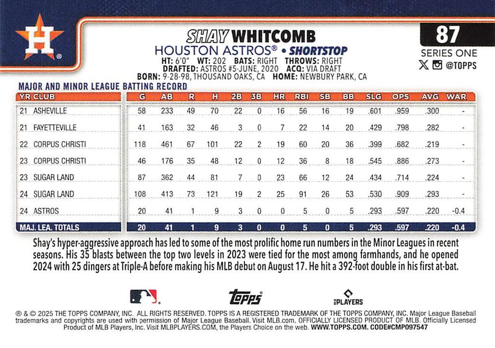 2025 Topps Series 1 Shay Whitcomb RC Houston Astros #87