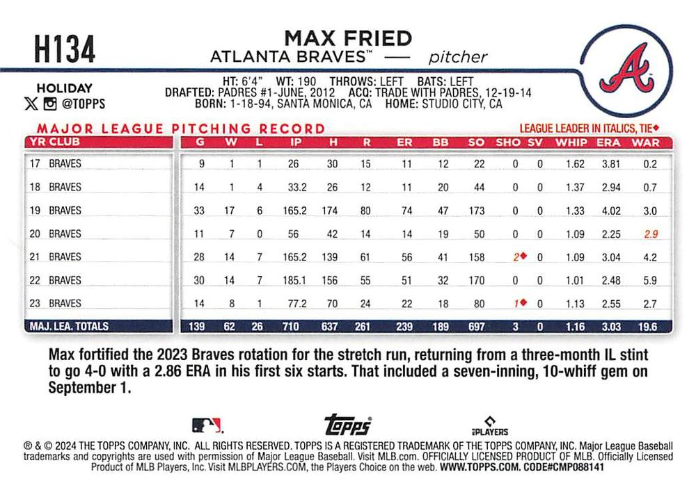 2024 Topps Holiday Max Fried Atlanta Braves #H134