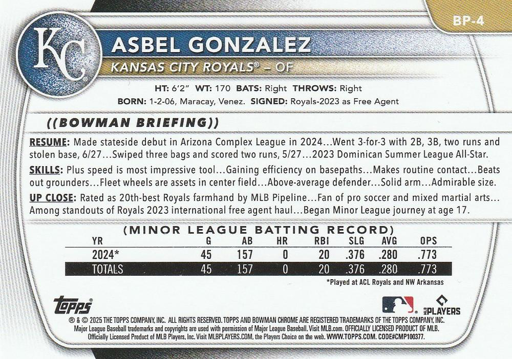 2025 Topps Bowman Prospects Asbel Gonzalez Kansas City Royals #BP-4