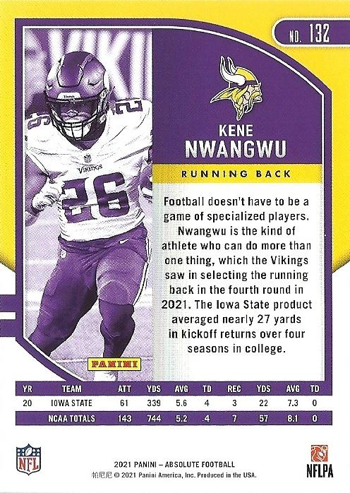 2021 Panini Absolute Retail Kene Nwangwu RC #132 Minnesota Vikings