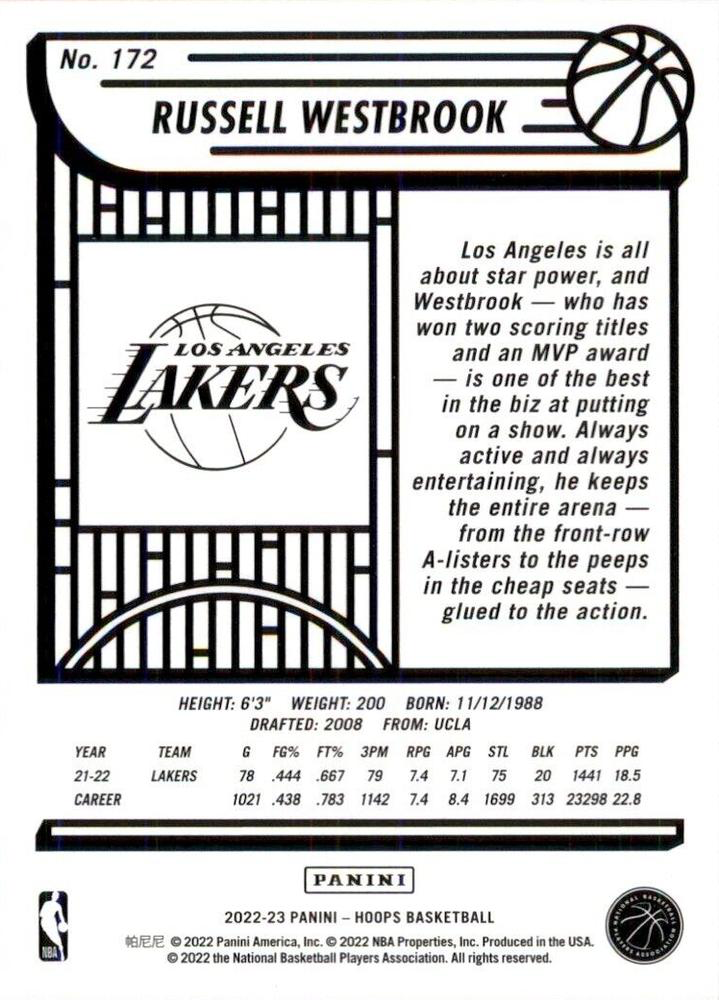 2022 Panini Hoops Russell Westbrook #172 Los Angeles Lakers