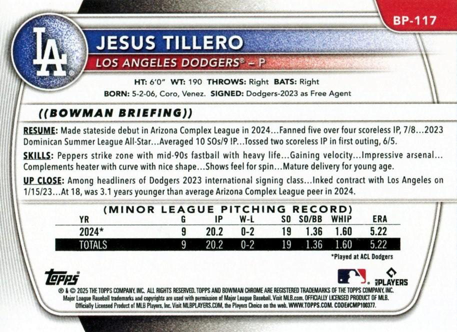 2025 Topps Bowman Paper Prospects Jesus Tillero 1st Los Angeles Dodgers #BP-117