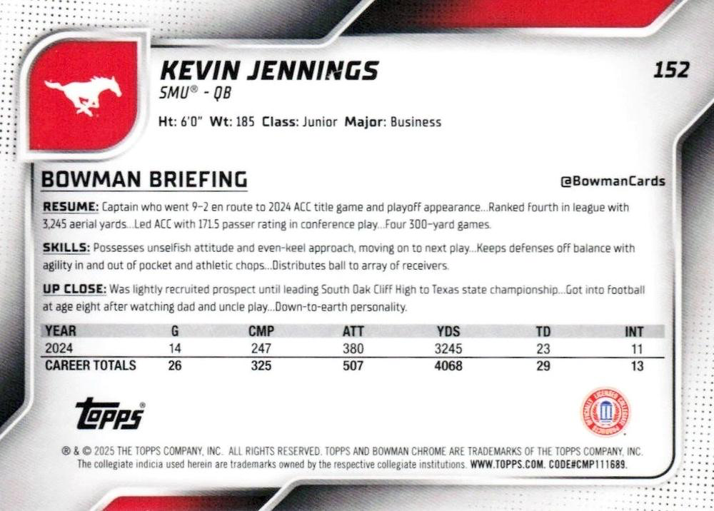 2025 Topps Bowman U Chrome Kevin Jennings 1st #152 SMU Mustangs
