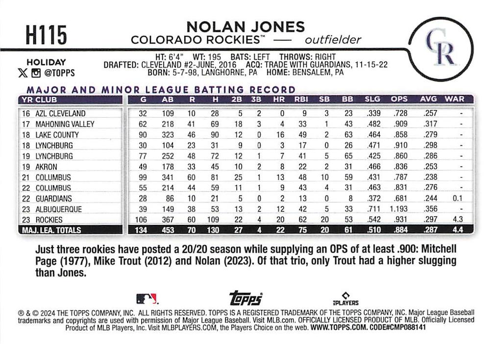 2024 Topps Holiday Nolan Jones Colorado Rockies #H115