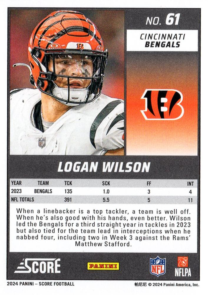 2024 Panini Score Football Logan Wilson Cincinnati Bengals #61