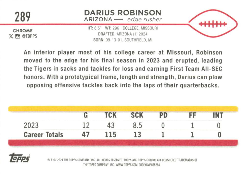 2024 Topps Chrome Football Darius Robinson RC #289 Arizona Cardinals