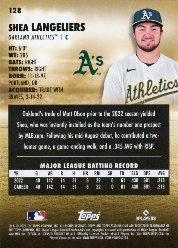 2023 Topps Stadium Club Shea Langeliers RC Oakland Athletics #128