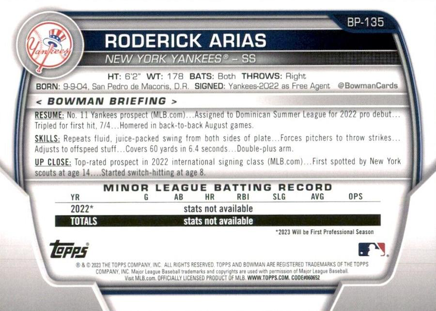 2023 Topps Bowman Paper Prospects Roderick Arias New York Yankees #BP-135