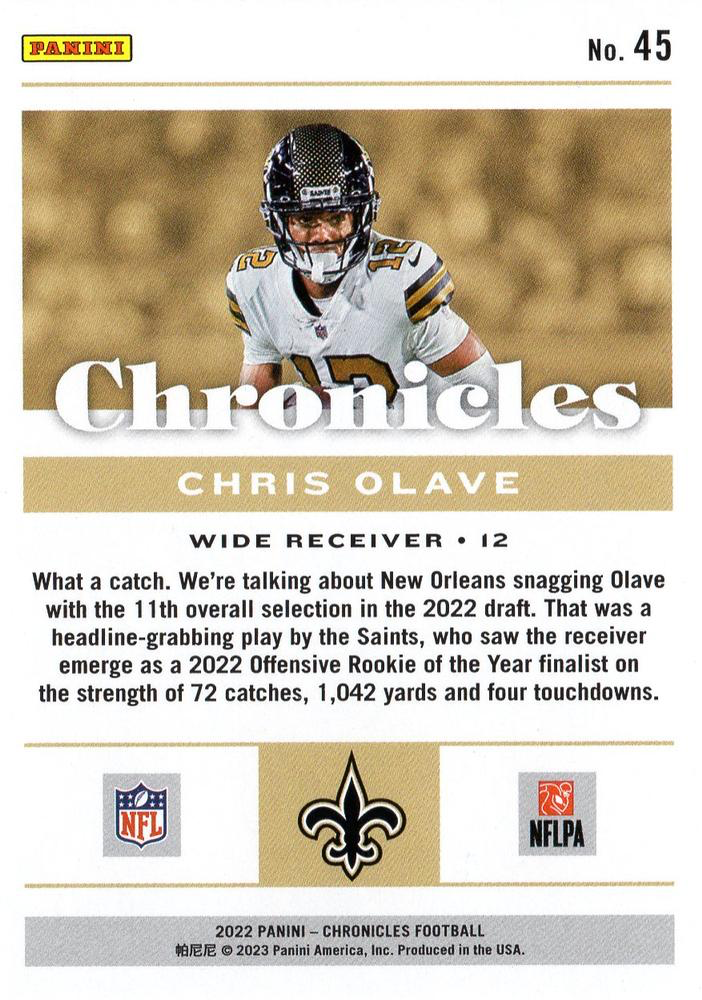 2022 Panini Chronicles Chris Olave RC #45 New Orleans Saints