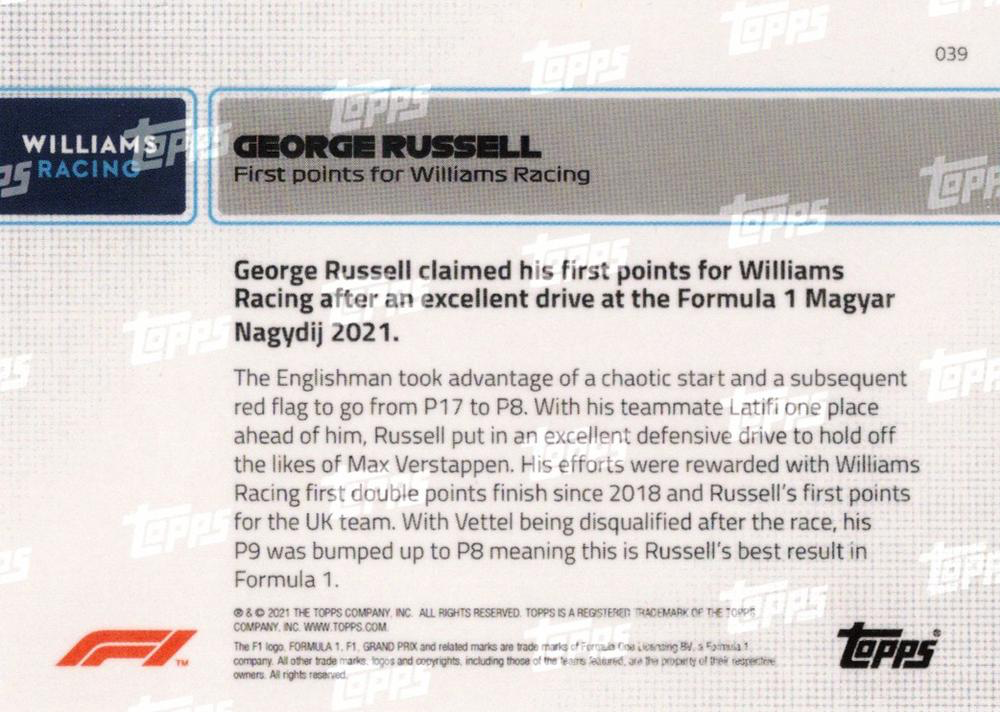 2021 Topps Now Formula 1 George Russell #039 Williams Racing Williams Racing