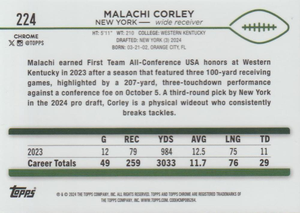 2024 Topps Chrome Football X- Fractor Malachi Corley RC #224 New York Jets