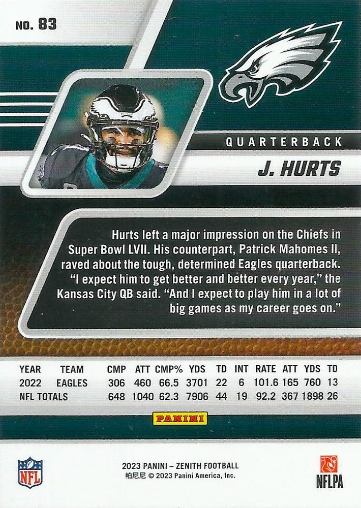 2023 Panini Zenith Jalen Hurts #83 Philadelphia Eagles