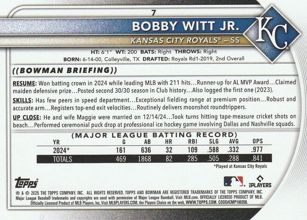 2025 Topps Bowman Bobby Witt Jr. Kansas City Royals #7