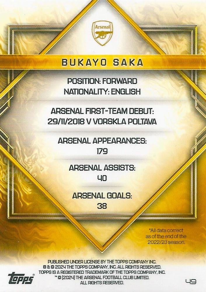 2023 Topps Arsenal Team Set Bukayo Saka Gold Rip #49 Arsenal FC