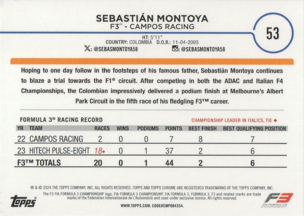 2024 Topps Chrome Formula 1 Sebastian Montoya F3D #53 Campos Racing