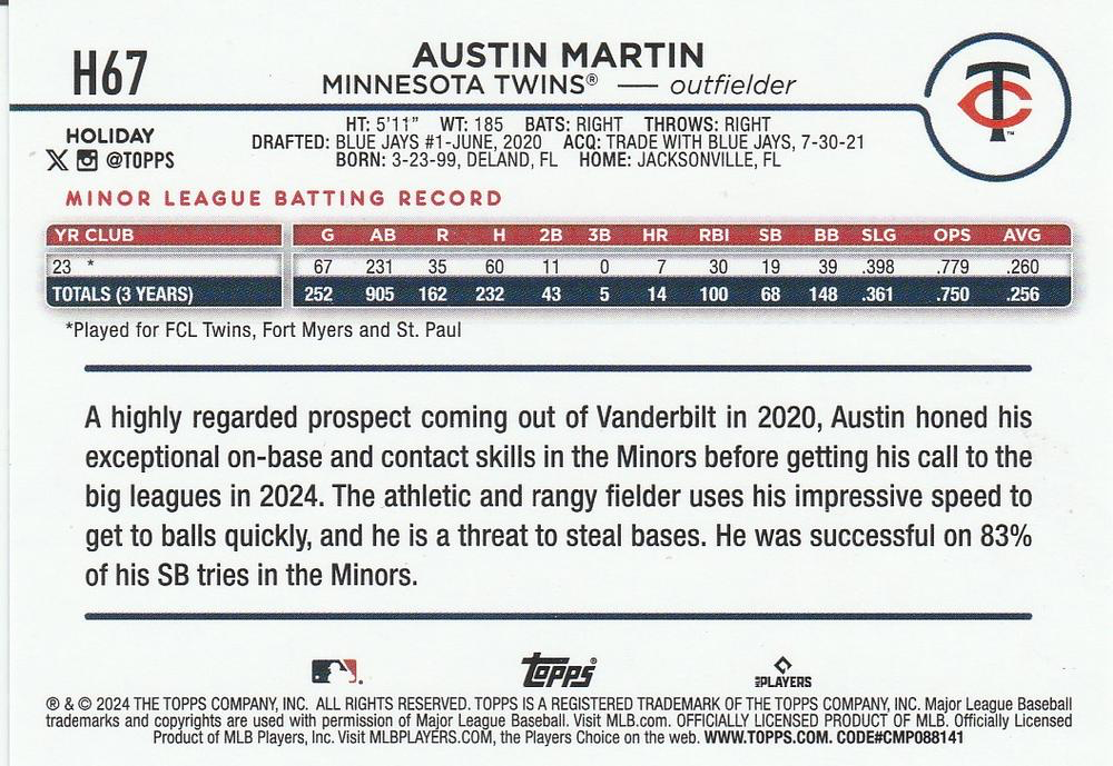 2024 Topps Holiday Austin Martin RC Minnesota Twins #H67