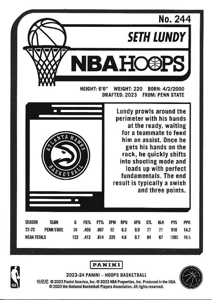 2023 Panini Hoops Seth Lundy RC #244 Atlanta Hawks
