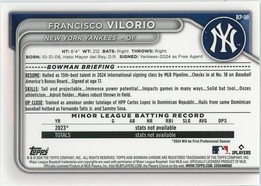 2024 Topps Bowman Chrome Prospects 1ST Francisco Vilorio New York Yankees #BCP-169