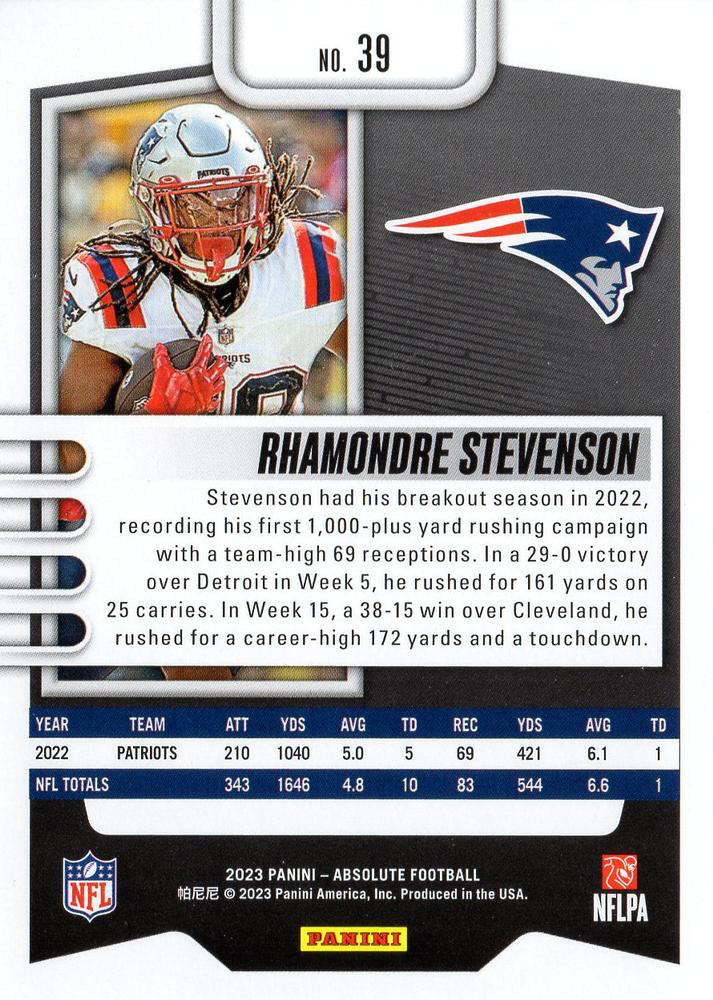 2023 Panini Absolute Rhamondre Stevenson #39 New England Patriots