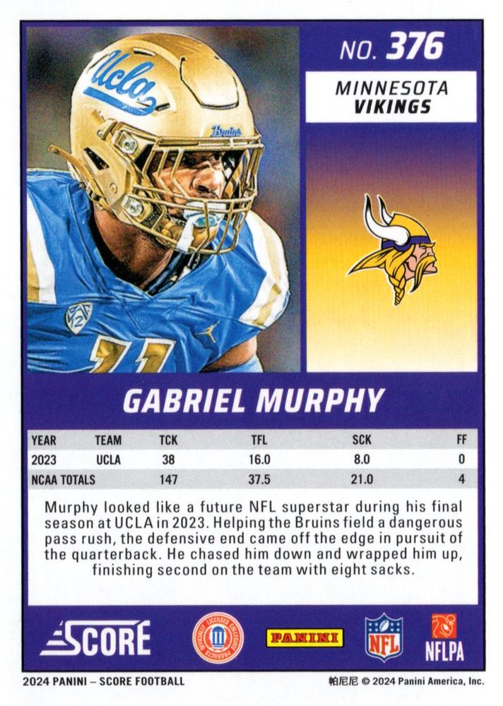 2024 Panini Score Football Gabriel Murphy Minnesota Vikings #376 RC
