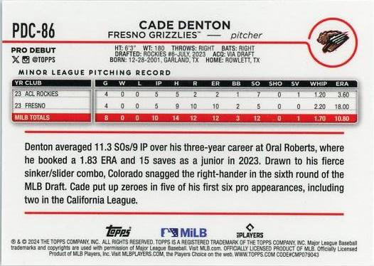 2024 Topps Pro Debut Chrome Refractor Cade Denton #PDC-86 Fresno Grizzlies