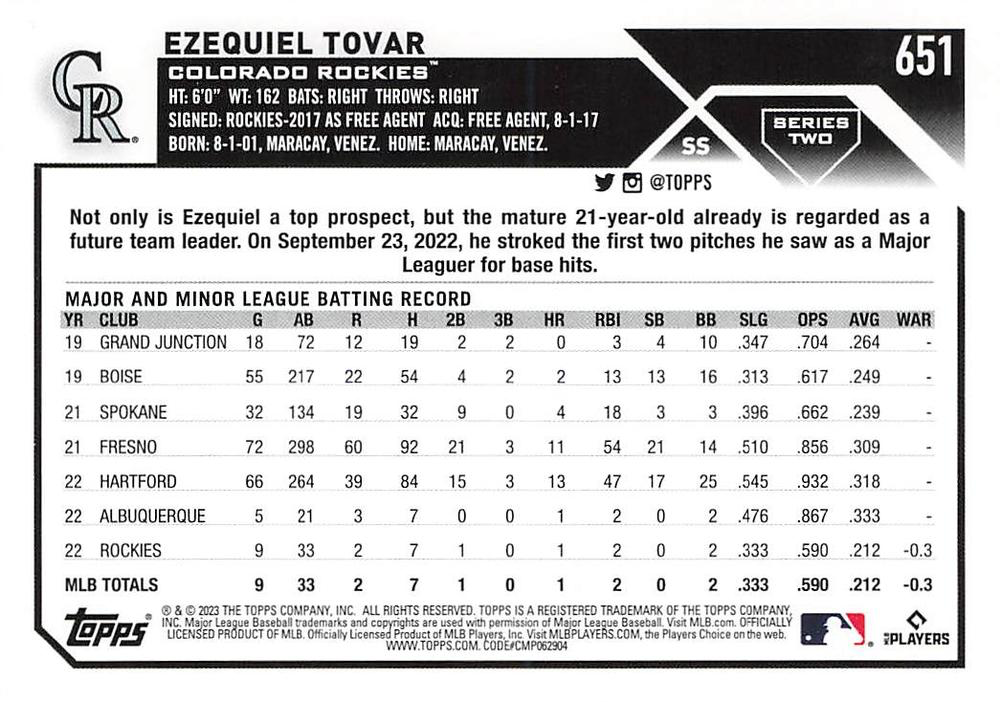 2023 Topps Series 2 Ezequiel Tovar RC Colorado Rockies #651