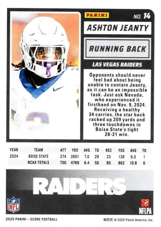 2025 Panini Score Ashton Jeanty RC #14 Las Vegas Raiders