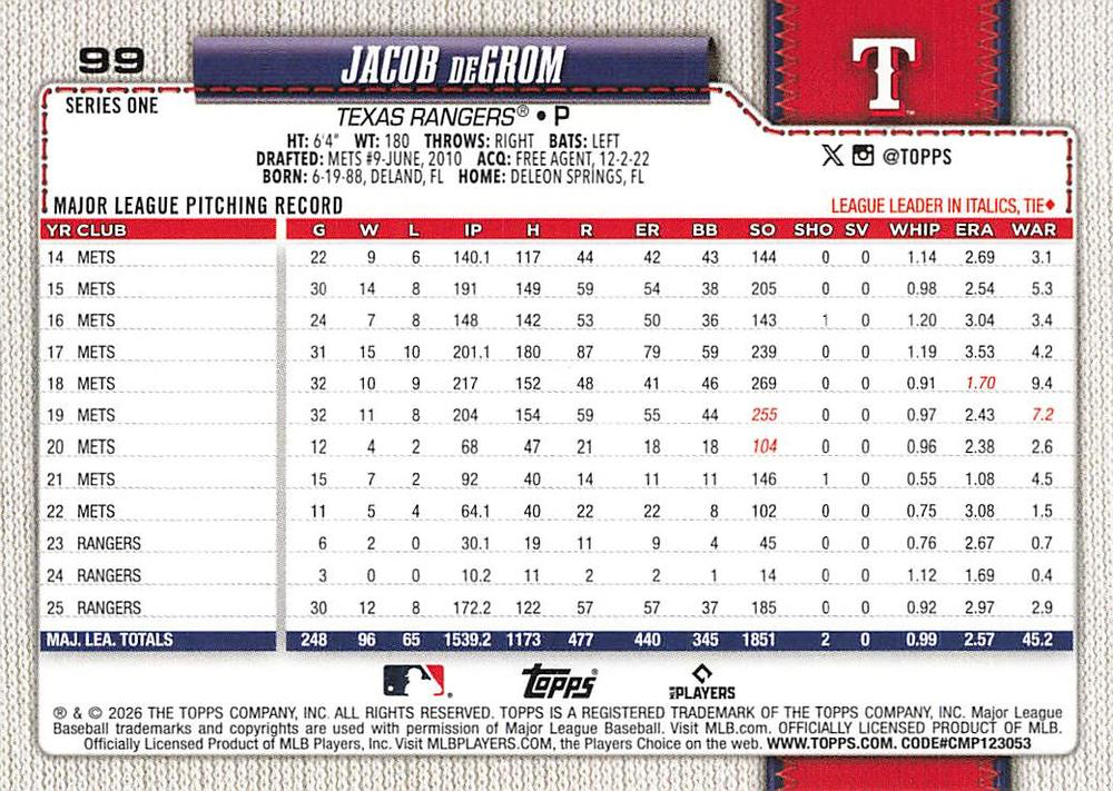 2026 Topps Series 1 Jacob deGrom #99 Texas Rangers