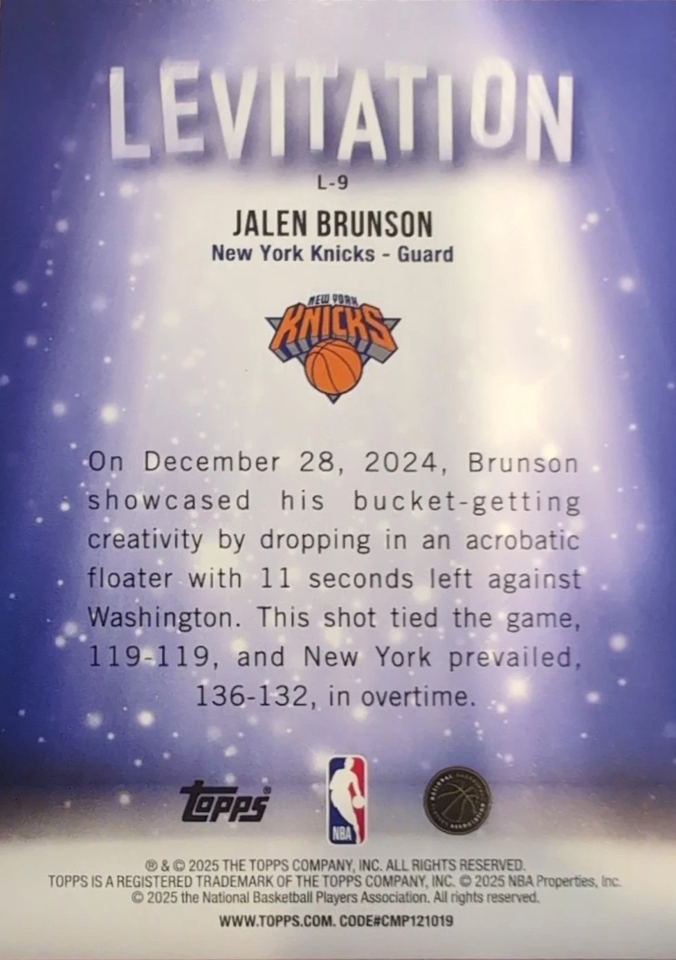 2025 Topps NBA Levitation Jalen Brunson SP L-9 New York Knicks