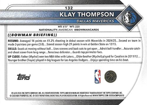 2025 Topps Bowman Klay Thompson #132 Dallas Mavericks