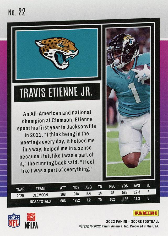 2022 Panini Score Travis Etienne Jr. Jacksonville Jaguars #22