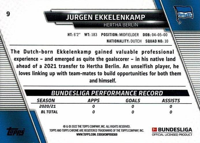 2021 Topps Chrome Bundesliga Jurgen Ekkelenkamp #9 Hertha BSC Berlin
